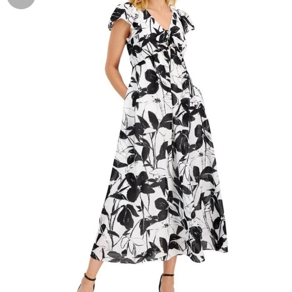 Taylor Women’s Flutter-Sleeve Dress Tie Front Floral Pockets White/Black Size 4